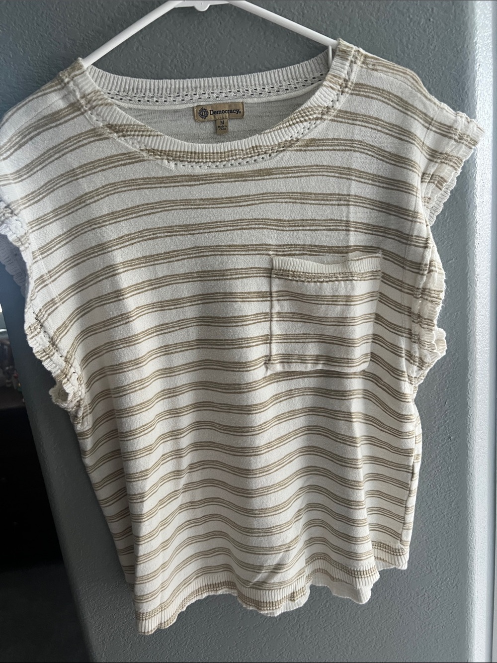 Democracy Cream & Tan Striped Ruffle Sleeve Tank with Pocket